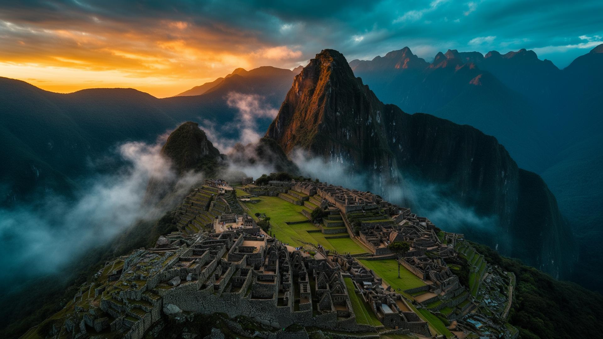 Machu Picchu al amanecer entre los Andes peruanos